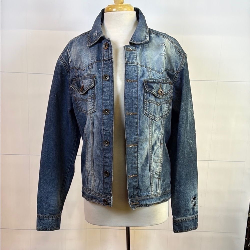 Killer Denim Distressed Jacket - vintage Fleetwood Mac Concert Poster Transfer